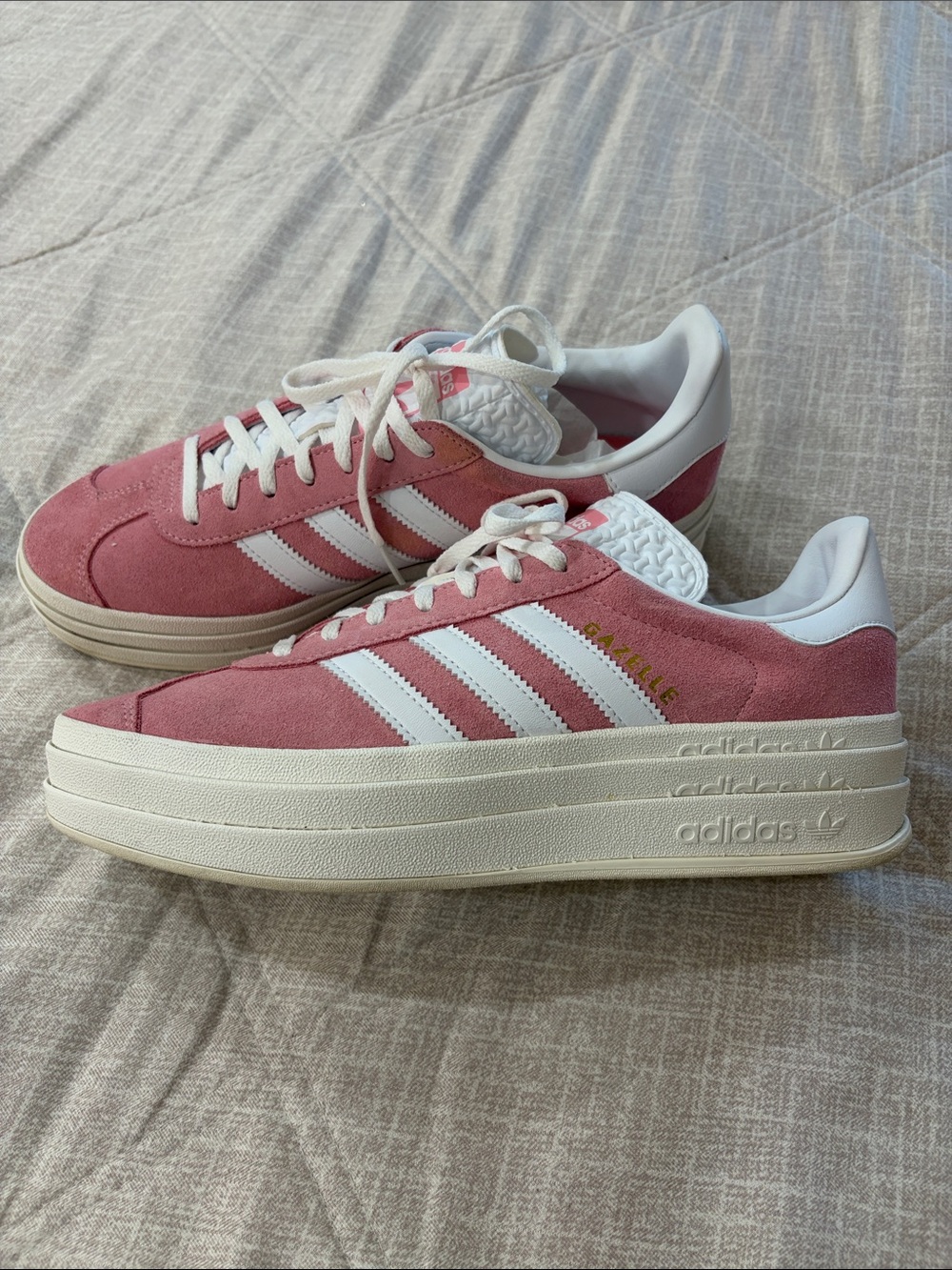 Adidas Women’s Pink Gazelle Suede Platform Sneakers with White Stripes